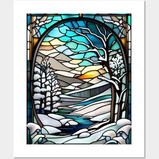 Stained Glass Window Snowy Winter Scene Posters and Art